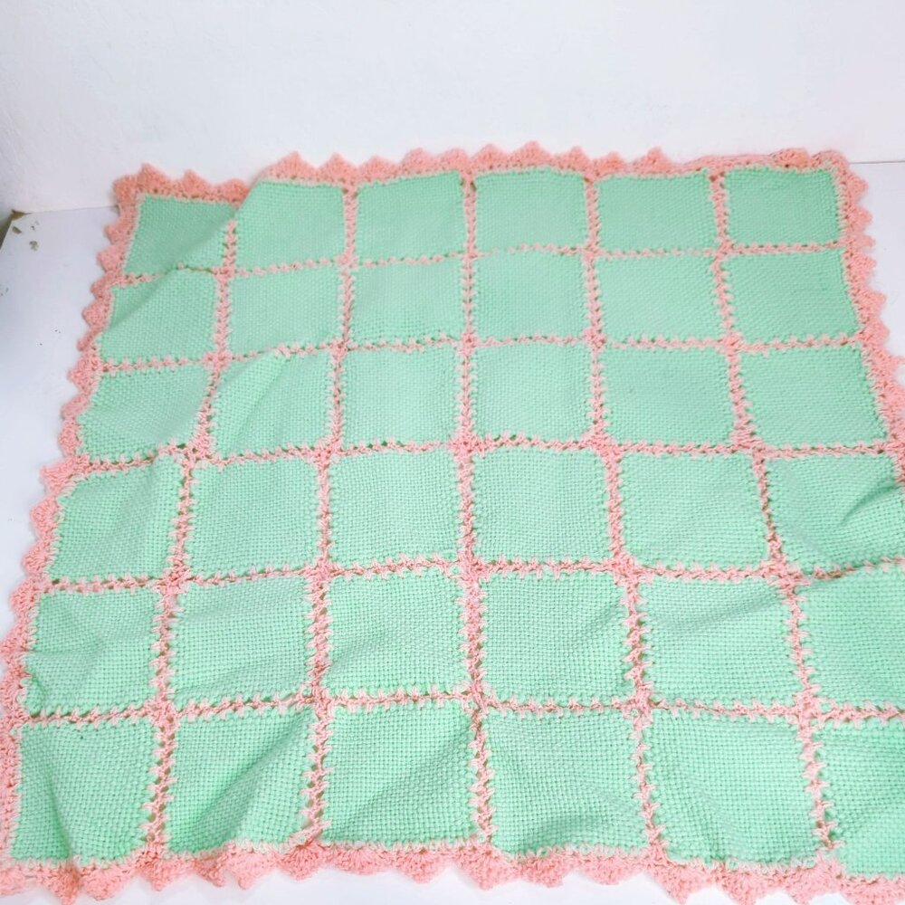Vintage Hand-Crocheted Doll Blanket 25x25 Inches Green & Pink - Picture 1 of 5